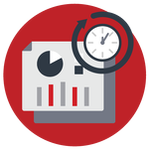 Financial reporting dashboard icon with bar chart, pie chart, and clock representing financial performance tracking across media and entertainment organizations.