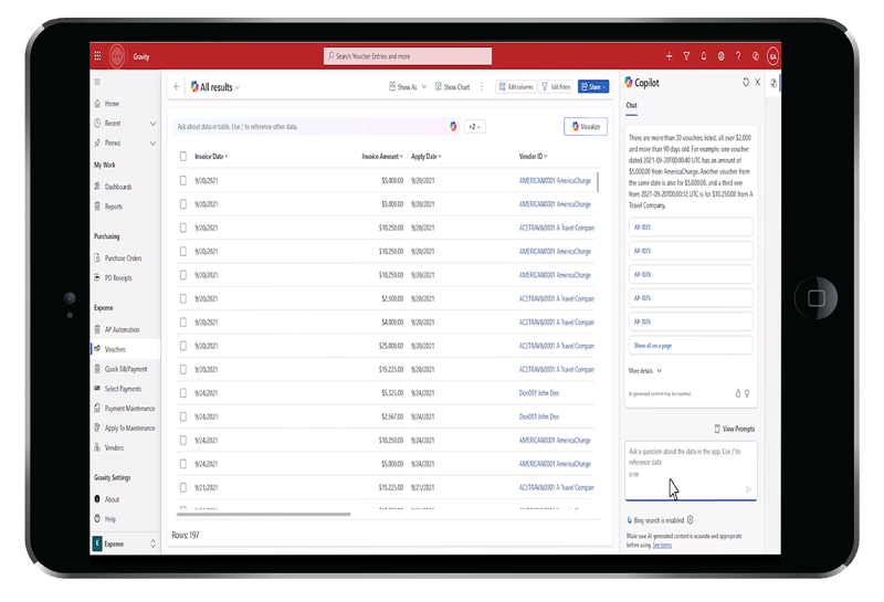 Microsoft Copilot in Gravity Software enabling AI-powered multi-entity accounting and natural language automation.