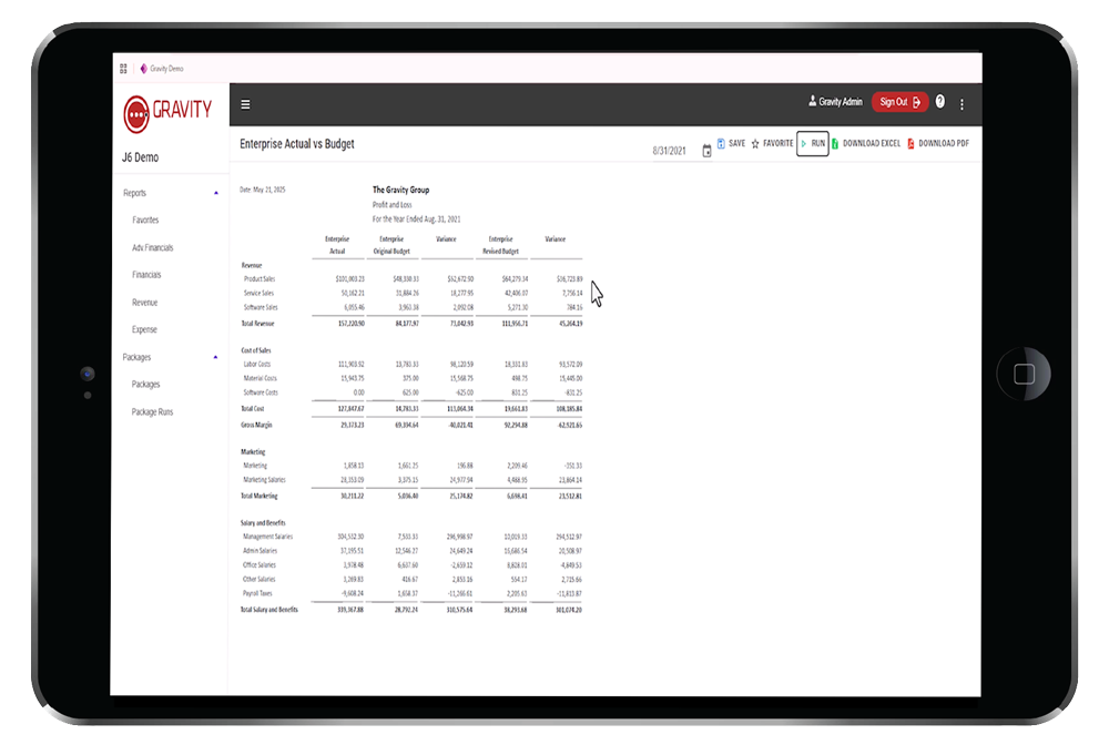 Gravity Software General Ledger showing Actual vs Budget financial comparison report with key performance metrics