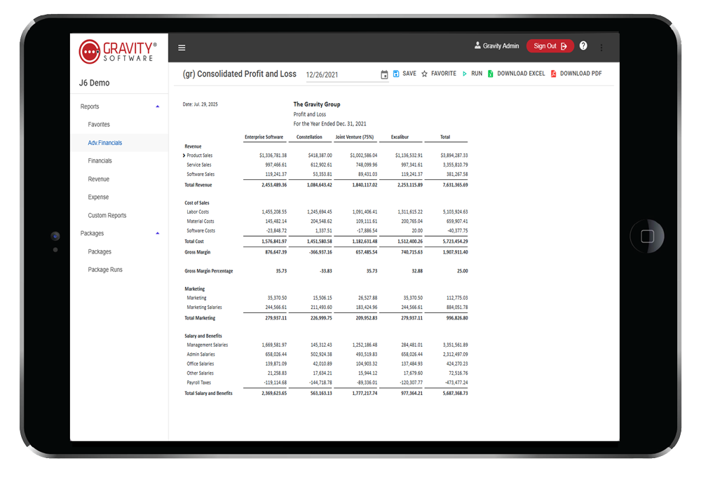 ADFS screenshot displaying customizable financial reports with real-time multi-entity data consolidation in Gravity Software
