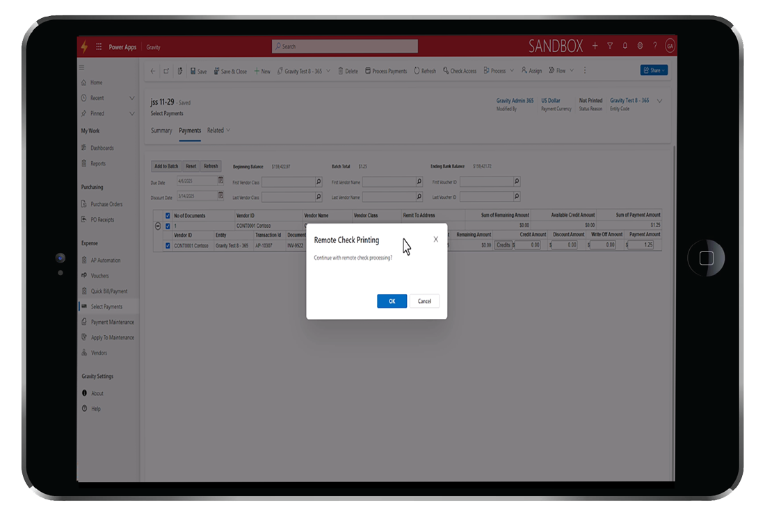 Screenshot of Gravity Software's Remote Check Printing Feature - Secure and Efficient Payment Processing